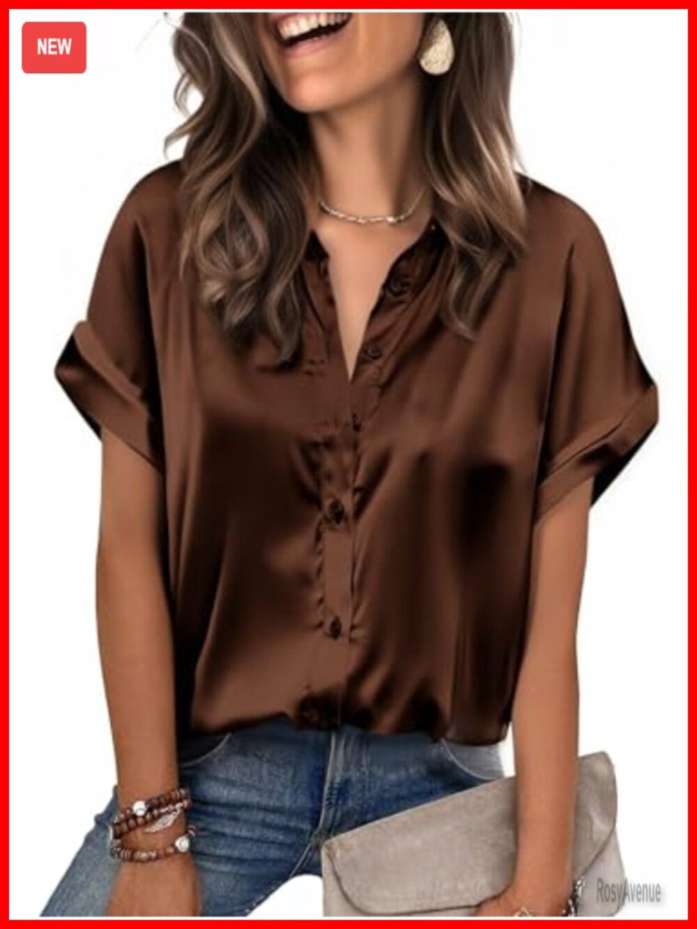 Satin Short Sleeve Button Down Shirt Women Lightweight V-Neck Blouse